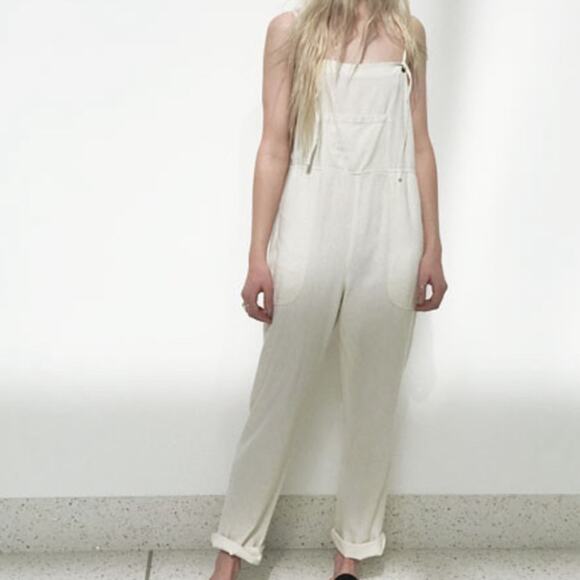 LACAUSA Raw Silk Overalls Jumpsuit Pants in Off-White Pockets size S - Picture 1 of 9